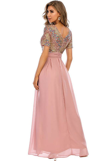 Blush Sequin A-line Round Neck Krótkie rękawy Długa suknia wieczorowa